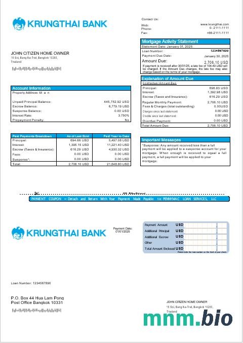 Tajlandia Krungthai Bank wyciąg z kredytu hipotecznego w formatach Word i PDF
